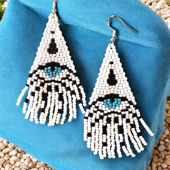 Evil Eye Seed Bead Fringe Earrings: Boho Dangle Earrings Handcrafted White Blue - Picture 10 of 17